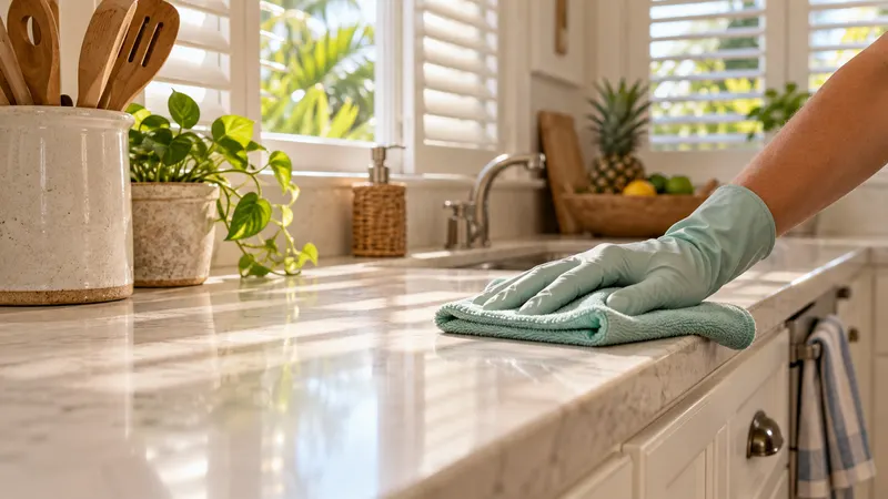 Illustrative detail of a gloved hand wiping a kitchen counter with a microfiber cloth