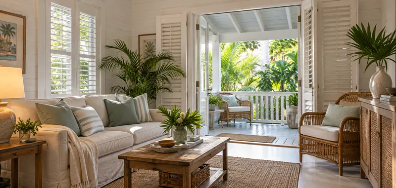 Illustrative sunlit Key West cottage interior opening onto a shaded porch